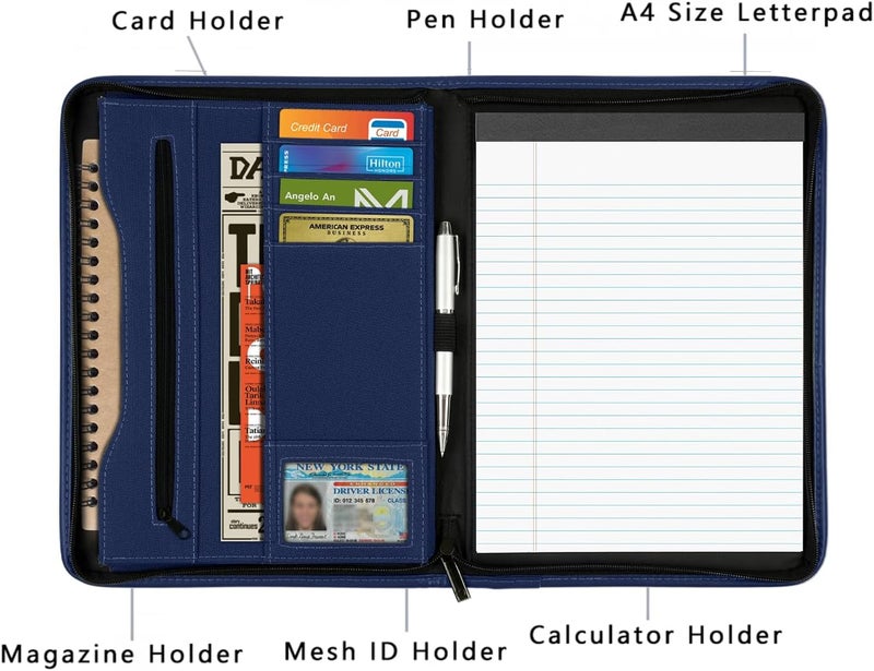 Gorbado Zippered Portfolio Organizer/ A4 Refillable Lined Writing Notepad Folder Case/Fabric-Covered Padfolio Binder with Interior Storage Pocket for Men Women, Navy Blue - Image 2